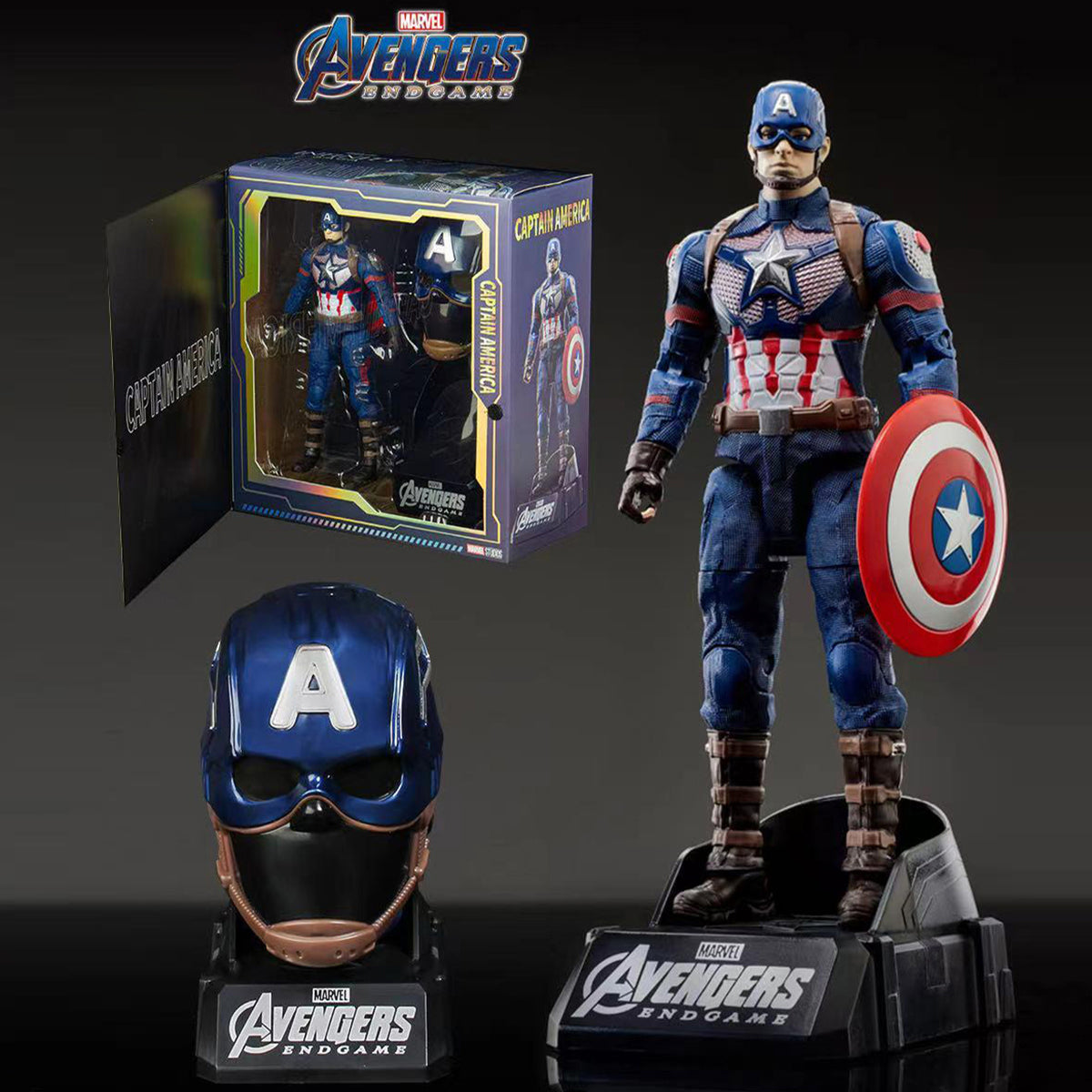 Marvel Transformer Toy Action Figure Captain America with shield, helmet, and display stand from Avengers Endgame, ideal for collectors and kids.